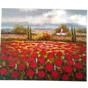 Red Poppy Farm house Church Painting